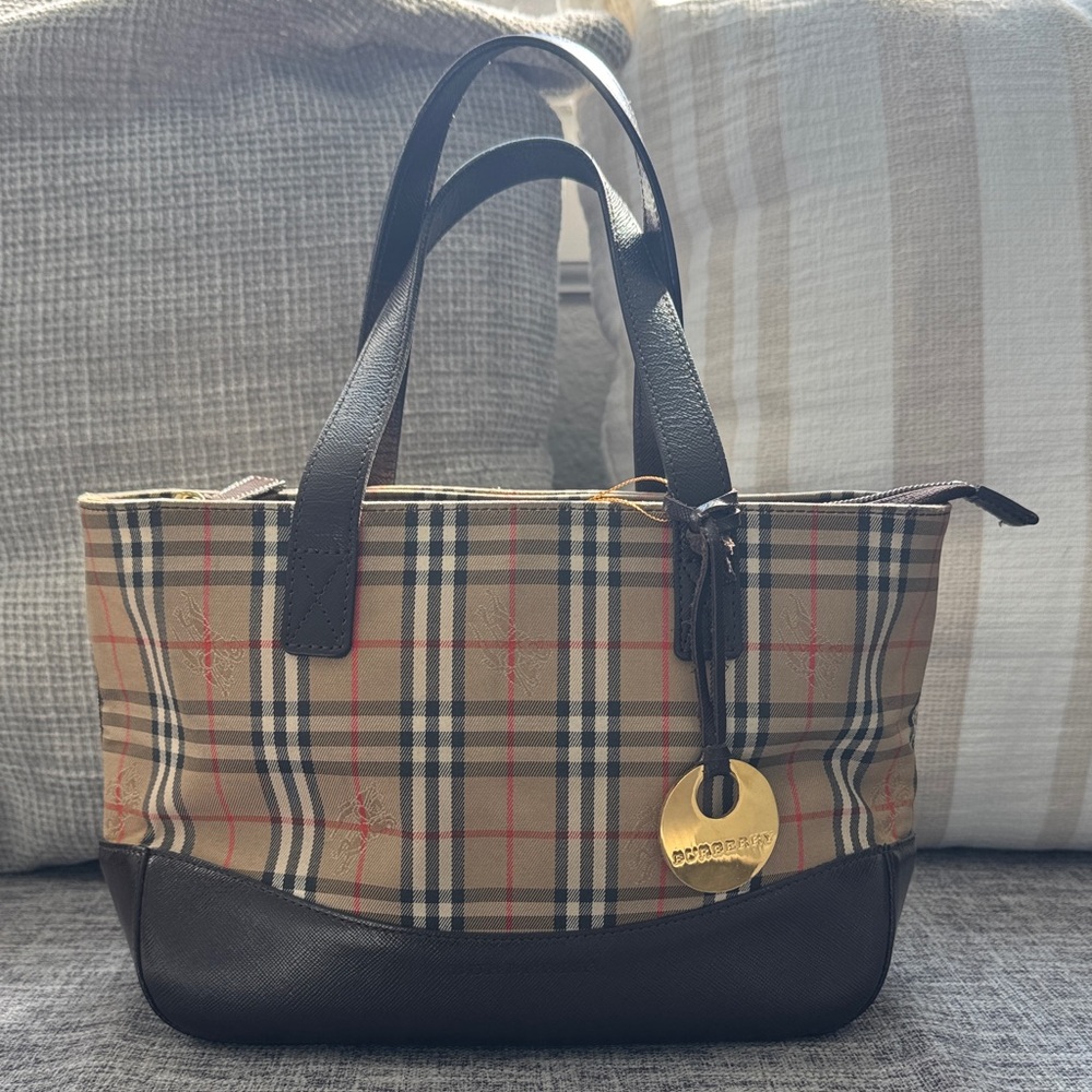 Small Burberry Beige Checkered with Brown Leather Accents Hand Bag - Picture 3 of 13